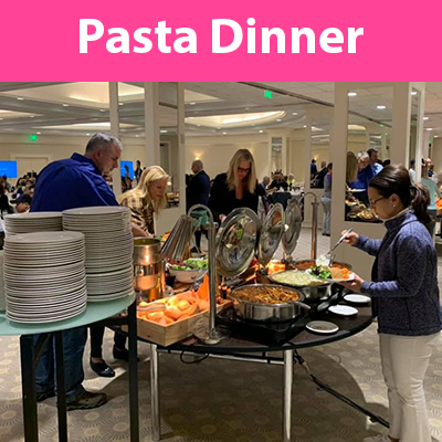 A buffet of foods for dinner with a text above that says "Pasta Dinner"